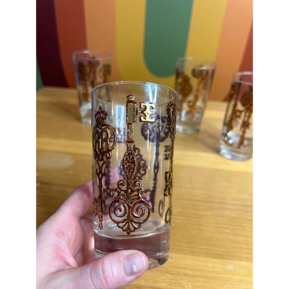 Vintage libbey gold skeleton key barware drinking highball glasses cups - Picture 2 of 6